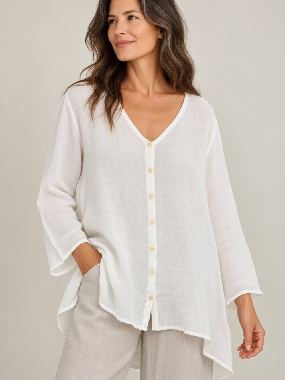 FLAX White Linen Blouse Top size L